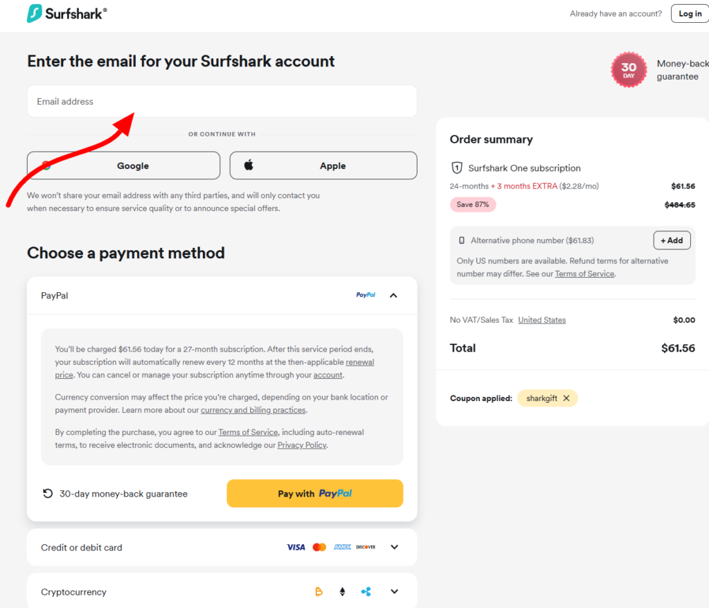 Surfshark Sign-up page