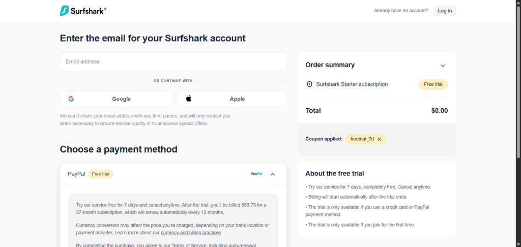 Surfshark billing page