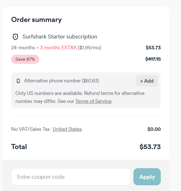 Surfshark order summary