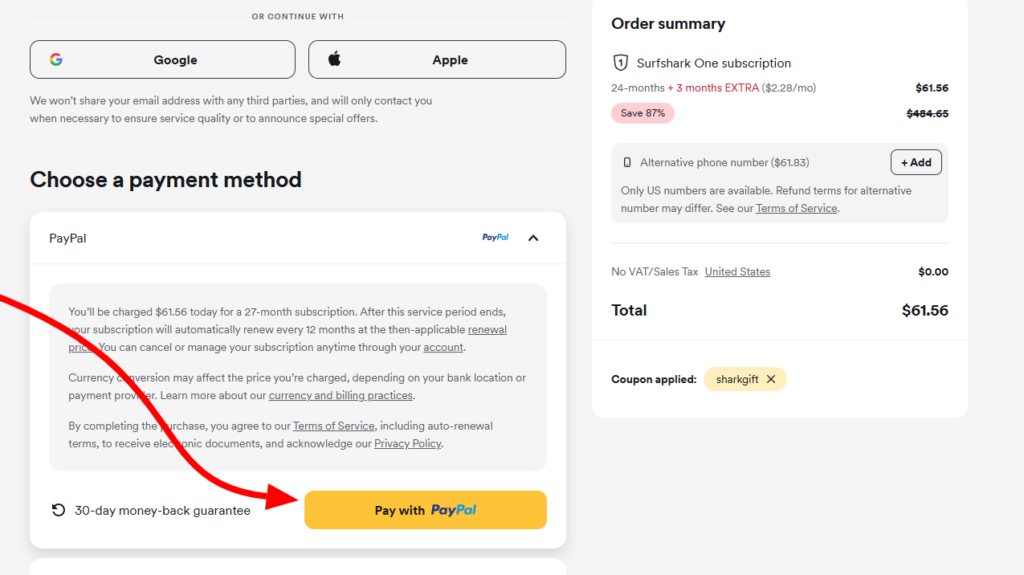 Surfshark student discount payment page